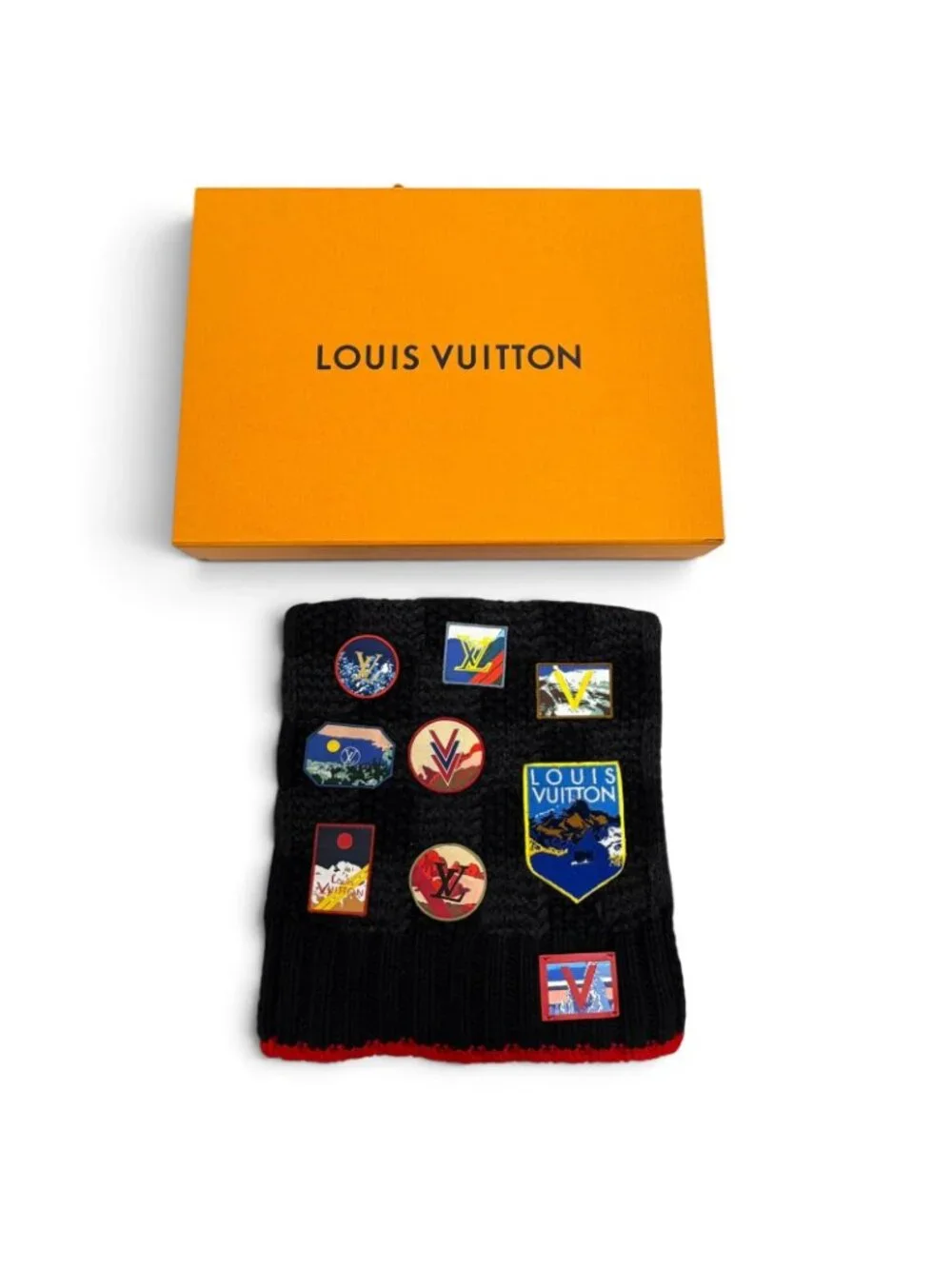 Louis Vuitton Echarpe Helsinki Alps Cashmere Cowhide Leather Patch Scarf Black
